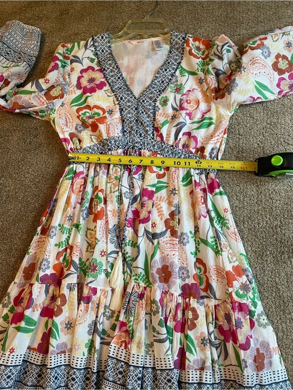 Kaktus Boho Floral Tiered Womens Dress with Blue Trim Size M V Neck Cottagecore - Picture 10 of 12